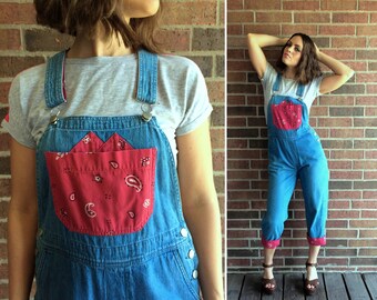 vtg 90s Red BANDANNA PRINT Bib OVERALLS denim Small grunge boho jeans capri pants hipster suspender jumpsuit dungarees western cowgirl