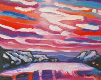 Akureyri -Iceland Winter Landscape Oil Painting, Van Gogh style, Snow Mountains, Sunset Sky, White Lake, Purple, Pink, Beautiful Scenery Art