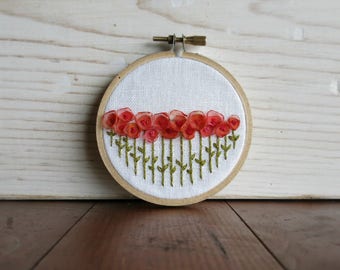 Pink and Orange Ribbon Flower Embroidery Hoop - 3 Inch Embroidery Hoop - Fiber Art