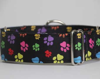 Greyhound - Colourful paws on black 1.5" martingale collar