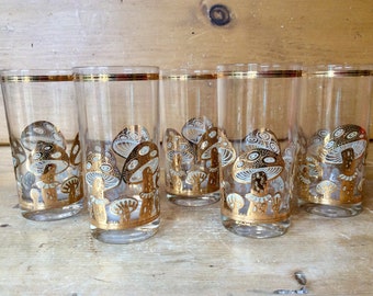 Culver Mad Men 22K Gold Mushroom Highballs Tumblers Glasses Set of 6 Signed Excellent