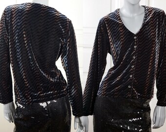 Zigzag Striped Velour Top, Black Bronze and Silver Elegant Cardigan Style Evening Blouse: Size 14 US, Size 18 UK