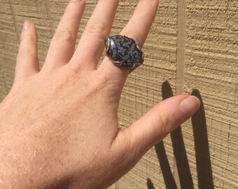 Brutalist snowflake obsidian sterling ring