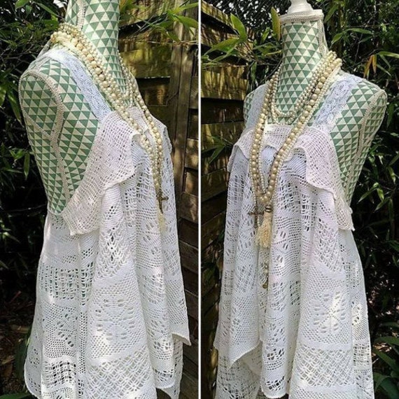 Vintage crochet long tunic, bohemian style. Hippie mini lace dress style Stevie Nicks festival boheme clothing. Beach dress Gypsy Boho.
