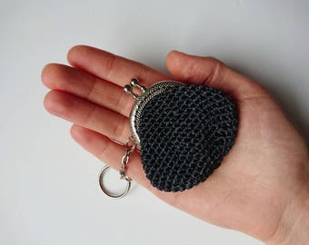 Small coin purse, black mini purse, change purse, gift for her, kiss lock coin purse, vintage clip purse, Black keychain, crochet coin purse
