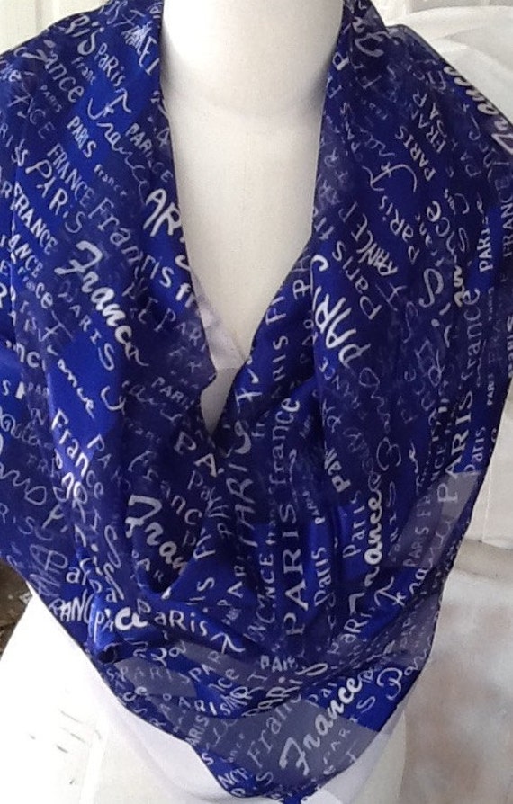 Paris Souvenir Scarf Large Blue and White Vintage Item