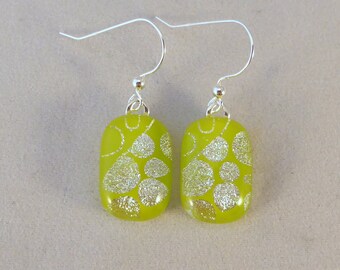 Green and Silver Dichroic Fused Glass Dangle Earrings, Fused Glass, Fused Glass Earrings, Dichroic Earrings, Dangle, Dichroic, Spring Green