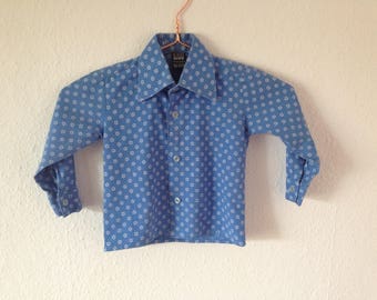 vintage shirt children kids blue cotton 70s boys print flowers