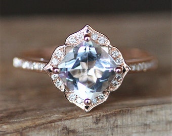 Vintage Aquamarine Engagement Ring VS 7mm Cushion Cut Aquamarine Ring Floral Halo Diamonds Ring Gemstone Ring Stackable 14K White Gold Ring