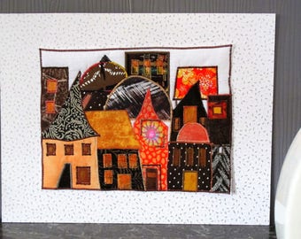 Art print textile houses orange and Brown