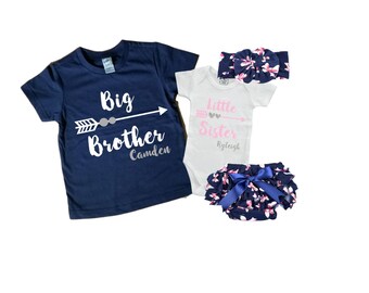 SET Personalized Big Brother/ Little Sister Shirt / Onesie Diaper Cover and Headband set. Matching Big Brother Little Sister Set.