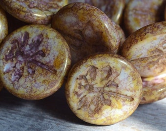 2 Old Patina Czech Picasso Dragonfly Coin Beads 23mm (141-2)