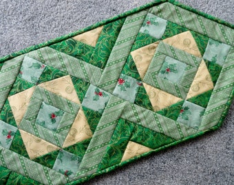 Christmas Table Runner, Quilted Christmas Table Decor, Quilted Table Runner, Green, Holly, Holiday Decor, Christmas Decor, Quilted Runner