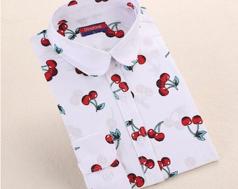 Cherry Blouse Long Sleeve Button Down