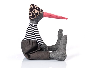 Plush bird doll Heirloom gift duck doll Modren nursery Handmade doll Stuffed penguin Black doll Eco rag doll Linen geese doll Art soft toy