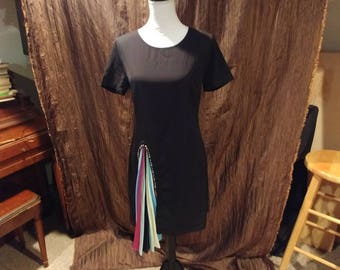 Vintage black midi dress, rainbow split with crystals, free shipping