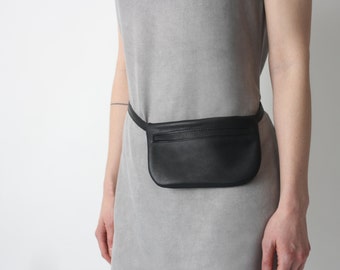 Belt Bag Black Leather, Flat Bum Bag, Hip Bag, Fanny Pack, Festival Bag,