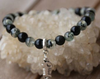 Obsidian and prehnite 6 mm bracelet