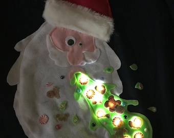 Ugly christmas sweater with lights Santa vomiting up gingerbread cookies and peppermint candy and sprinkles - ladies and mens available