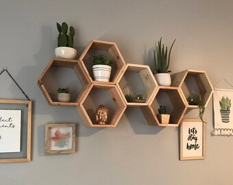 Set of 5 Medium Hexagon/Honeycomb Shelves (Reclaimed Wood) 5.5" Deep