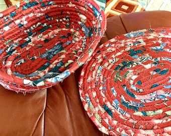 Coiled Fabric Oval Mat 12 x 10 Inches, and 12 x 8 inch basket...Cranberry and Blue, handmade