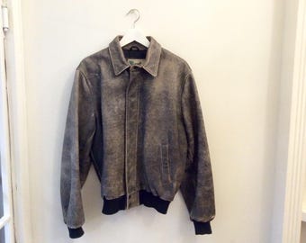 Vintage Roots leather bomber jacket L / 80s Mens letterman flight brown leather jacket / Leather bomber moto coat / 80s leather jacket /