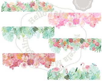 Watercolor Flower BORDERS Clip Art- 6 digital borders Tropical Summer borders flowers leaves flamingos birds Wedding invites picture overlay