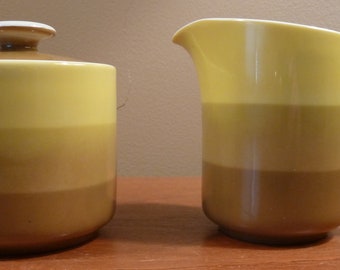 Mid-century Holt-Howard mustard yellow and olive green stripes lidded sugar bowl and creamer