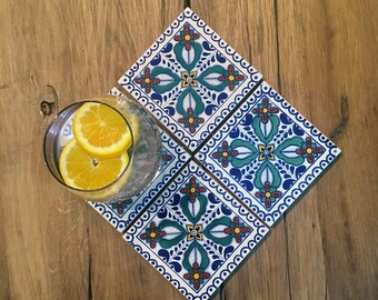 Gorgeous blue, green & red tile coaster set (4)