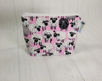 Sheep on Pink Zipper Notions Pouch, Mini Zippered Wedge Bag, Craft Pouch NP0054
