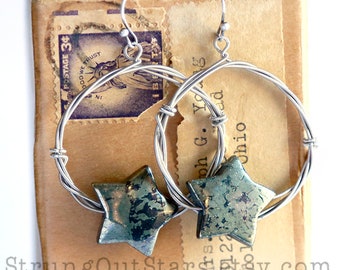 Rock Star - Strung-Out guitar string bronze hoop earrings with pyrite star