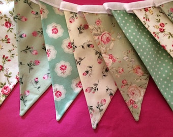 Beautiful Cotton Double Sided Bunting - Green Floral Dotty Vintage Style - Pink, Blue, Green Cakes