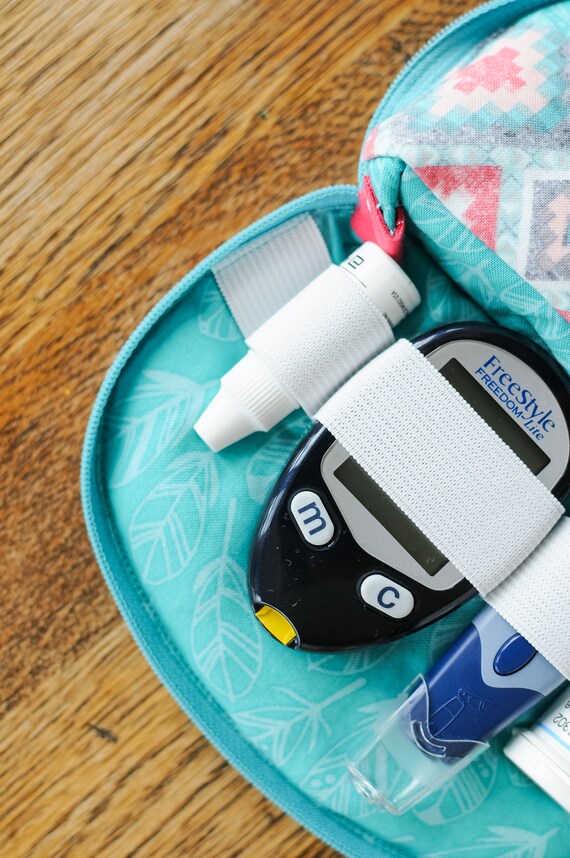 Diabetic supply kit. Blood glucose meter bag. Teal birthday