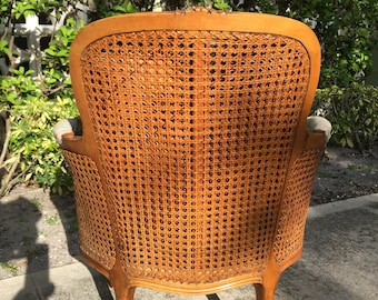 SEEING DOUBLE / Gorgeous Petite Double Cane Arm Chair / Clean Upholstery / Perfect Paired With A French Desk / Cane All The Way Around