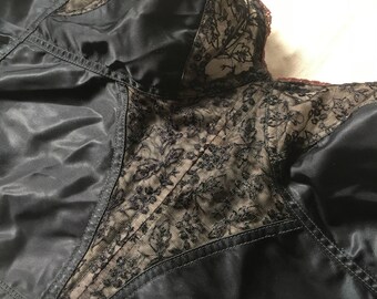 SOLD - do not buy! Vintage 1950s Black Satin Lace Bustier Bullet Bra Size 38B / 38C