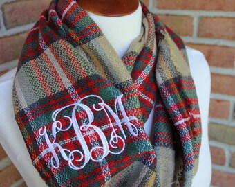 Plaid infinity scarf, classic beige tartan infinity scarf, warm winter scarf, monogram available