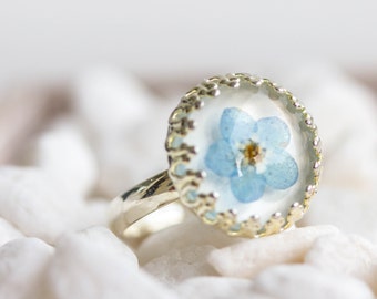 Real Flower Ring, forget me not, real flower jewelry, dried flower, blossoms, Vintage, silver, flower, blue Flower, dried, adjustable,