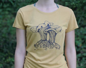 Tee Shirt Women's Chanterelle Mushroom Nature Screen Print Mustard Yellow Bamboo Organic Cotton