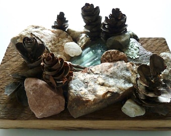 Unique miniature sculpture, old barn wood, mountain glass and stones, tiny Zen garden, wedding gift for outdoor lovers