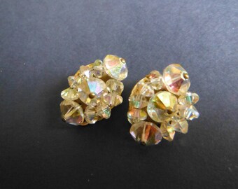 1950s Faceted Crystal Bead Cluster Earrings, Clip On Earrings