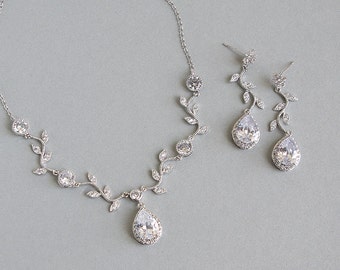Brautschmuck Set, CZ Braut gesetzt, Rebe Floral Y Halskette und Ohrringe Set, Hochzeit Schmuck-Zirkonia, Silber Brautschmuck Kristall