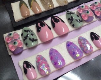 Creepy Cute Eyebow Drippy Bat Nail Art Pastel Glitter Press on false fake nails
