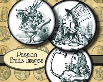Alice in Wonderland Circles Digital Collage Sheet -1.25 inch Circles in Cyan-- Instant Download
