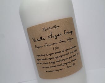 FREE SHIPPING/SPF/Organic/Vegan Vanilla Sugar Crisp Organic Sunscreen Body Lotion- with Organic Hemp Seed and Avocado Oils & more- 8oz.