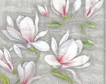 4 Paper napkins for decoupage, Musical Magnolia Fleurs decoupage napkins, collage and mix media paper, Floral serviette, decoupage g381