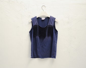 Vintage Sas'sā Navy Blue Fringed Tank Top, Made in USA, Womens Medium - Large / ITEM575