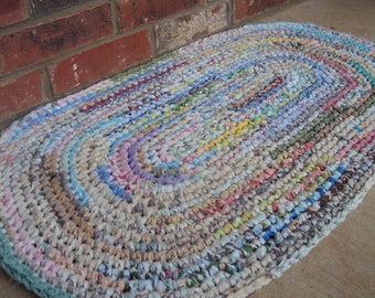 Crocheted Rug / Rag Rug. Shabby, Boho, Vintage Decor - 24" x 36" Hand-made in the USA - 100% reclaimed / recycled materials. Eco Friendly