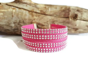 Rhinestones and pink suede Cuff Bracelet