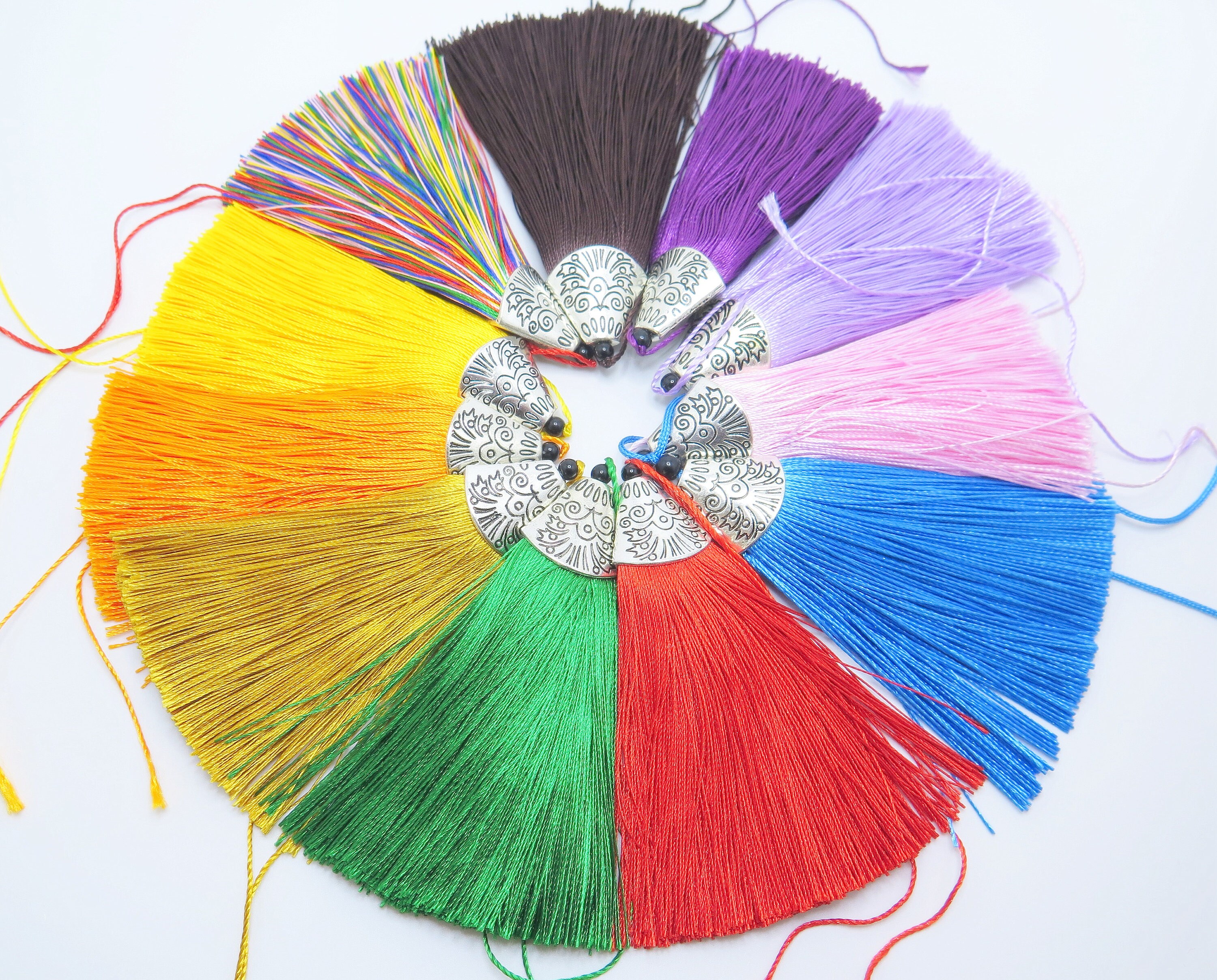 Large Silk Tassels With Antique Silver Caps 11 Color Sampler 