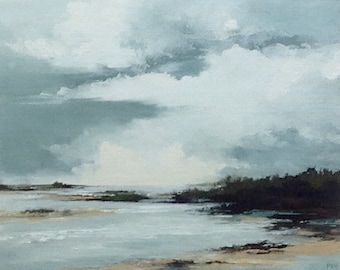 SANDY COVE, original oil landscape painting, 100% charity donation, 8X10 canvas panel, clouds, beach
